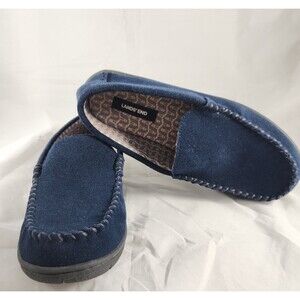 Land's End Mens Size 9 Flannel Lined Suede Slip on Moccasin Slippers Navy Blue